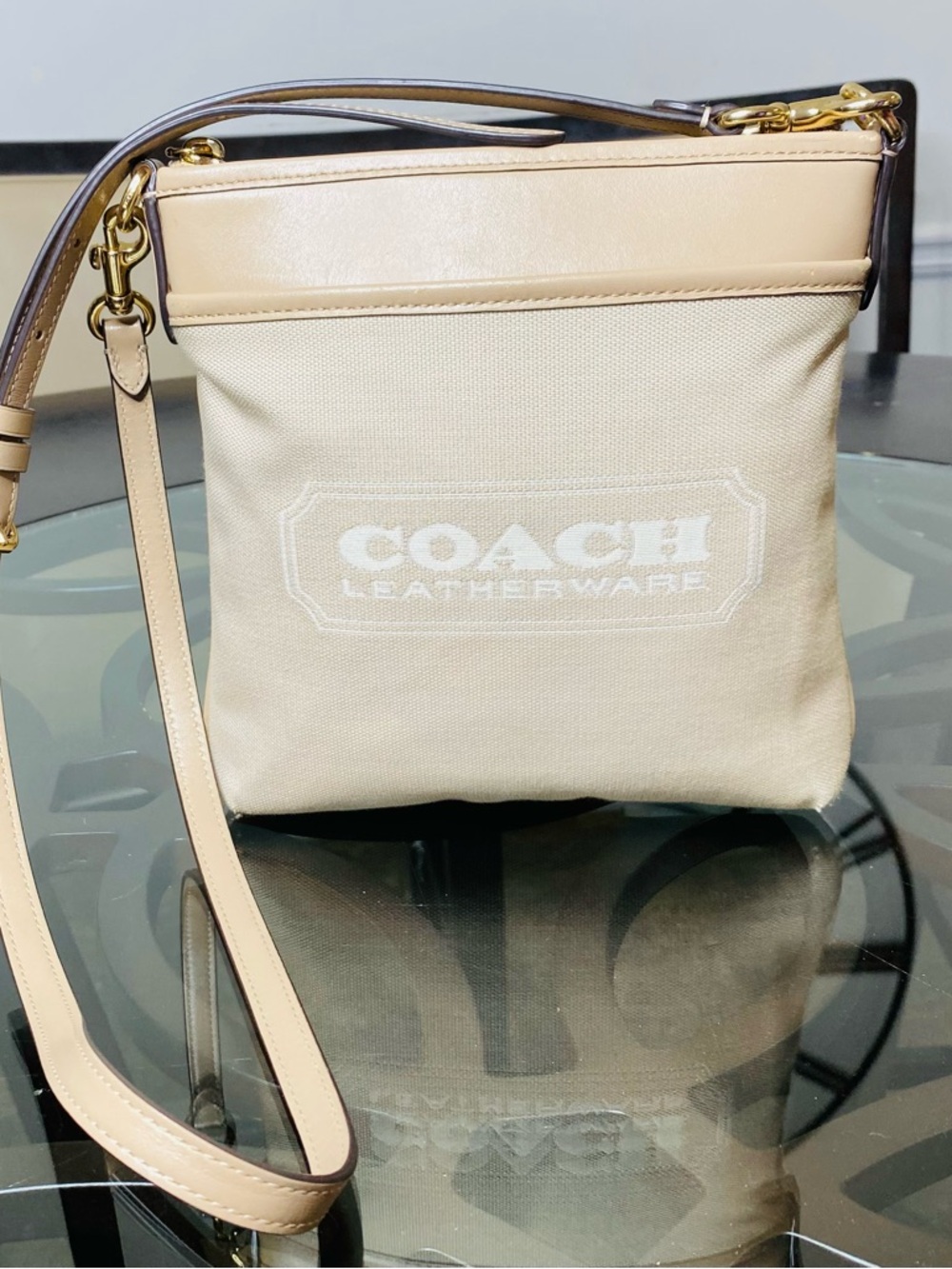 Coach Badge Jacquard Kitt Crossbody Bag - Chalk Taupe Leather Trim